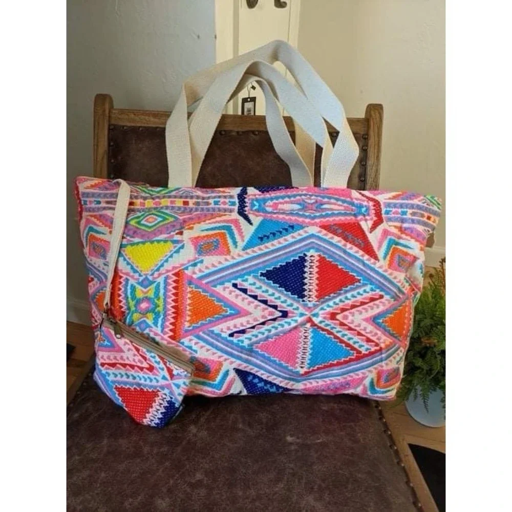 Vintage Addiction Multicolor Neon Embroidered Geometric Tote Bag with Coin Purse